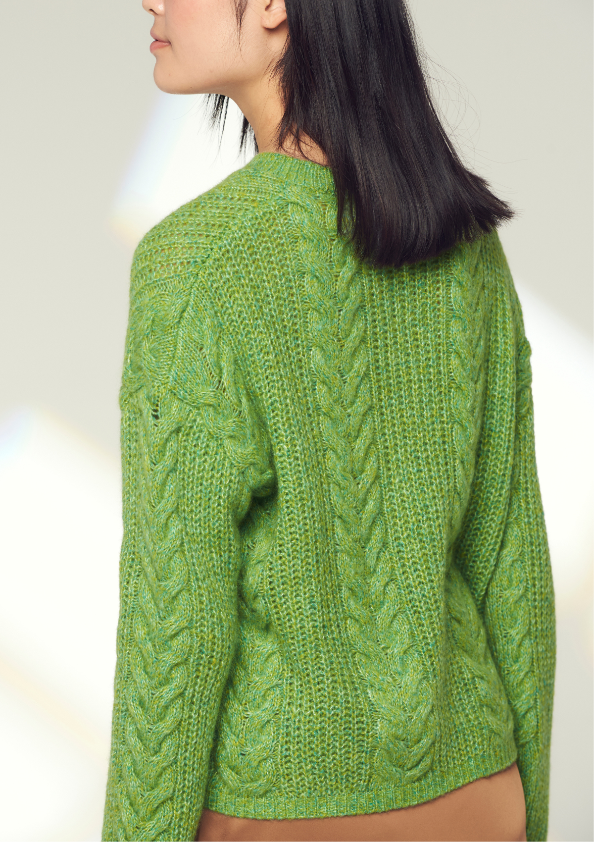 Silk Cashmere Blend Cable Crew Neck Sweater in Sedum Green