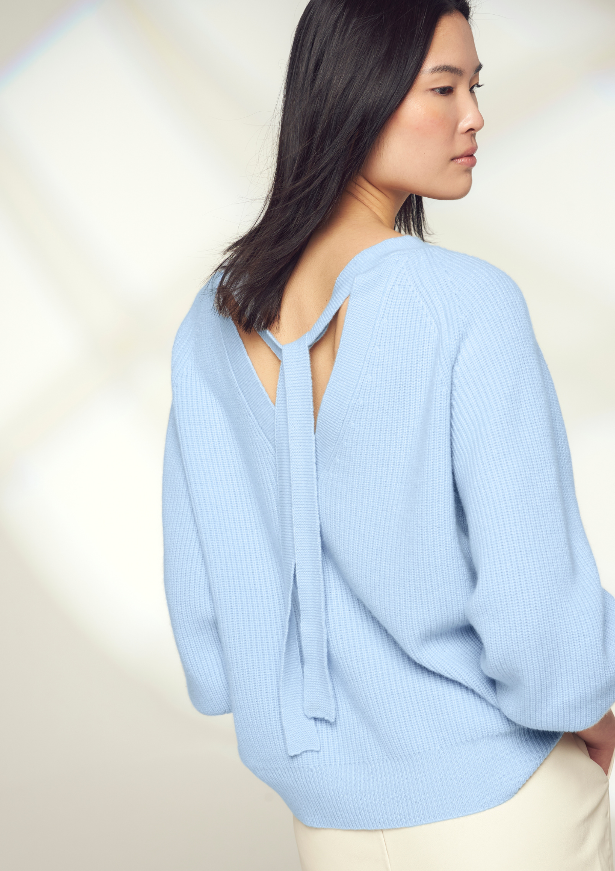 Cashmere Tie Back Sweater in Sky Blue