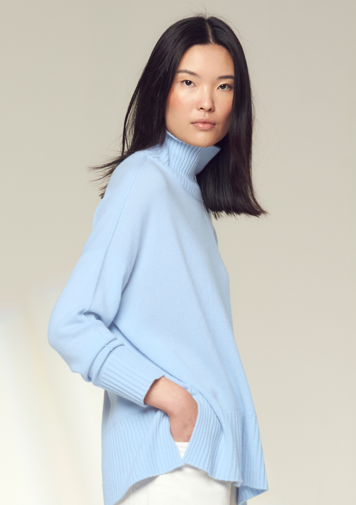 Oversized Cashmere Polo Neck Sweater in Whisper Blue