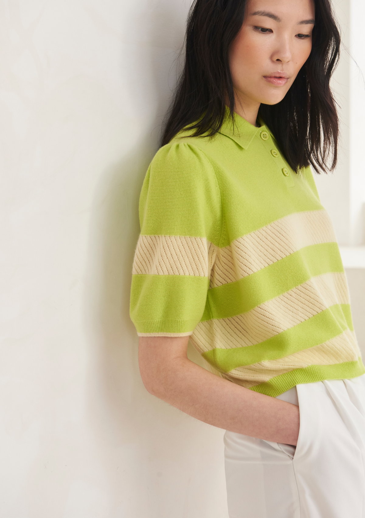 Cashmere Striped Polo Collared Top in Citrus Green