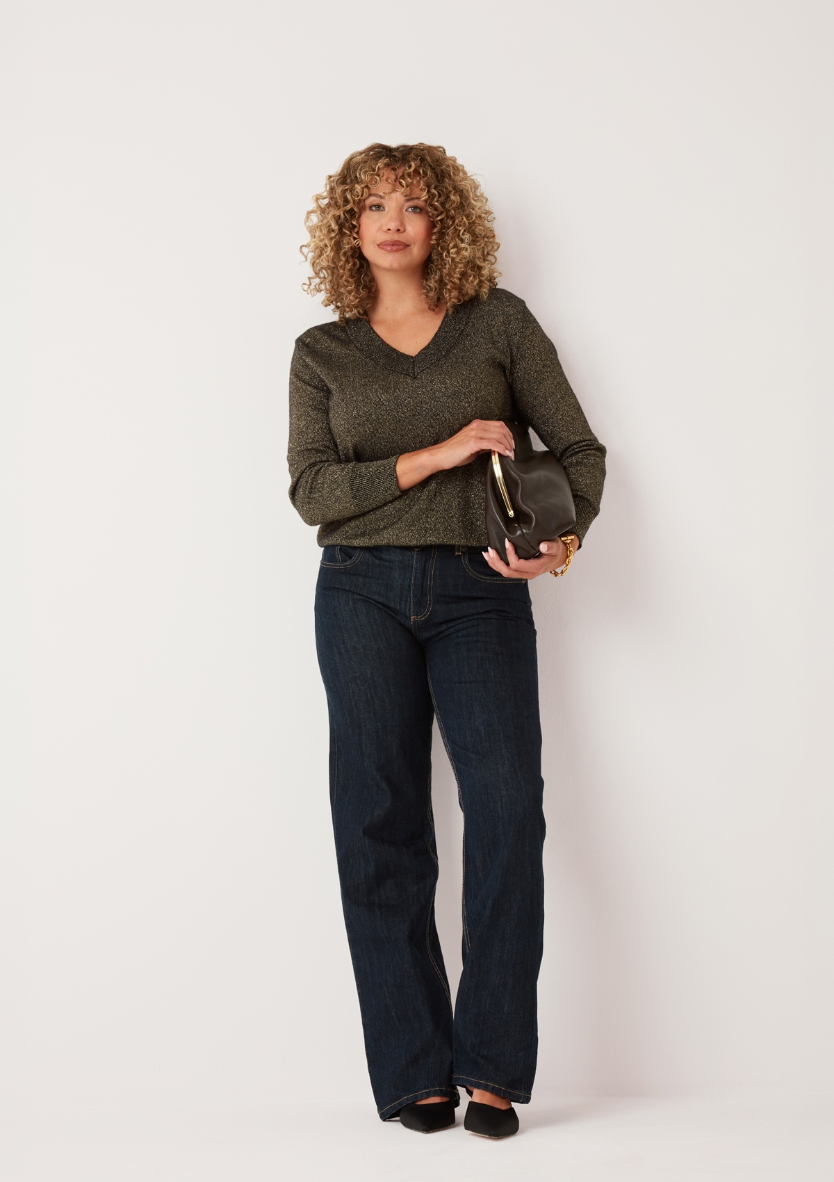 V-Neck Sweater in Black & Gold Lurex Twist