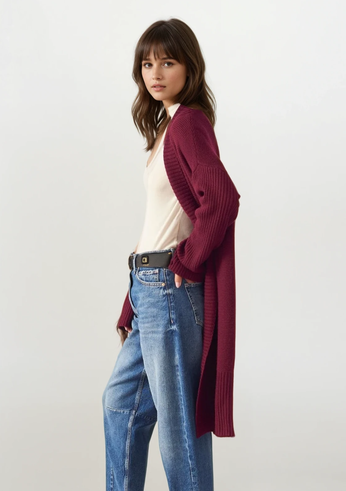 Cashmere Edge To Edge Cardigan in Barolo Red