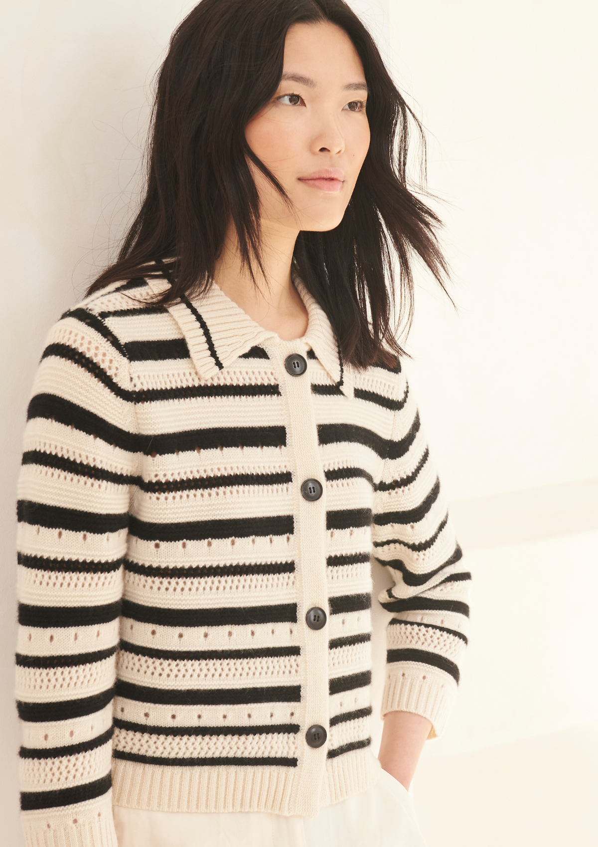 Cashmere Striped Pointelle Jacket in Chalk/Black