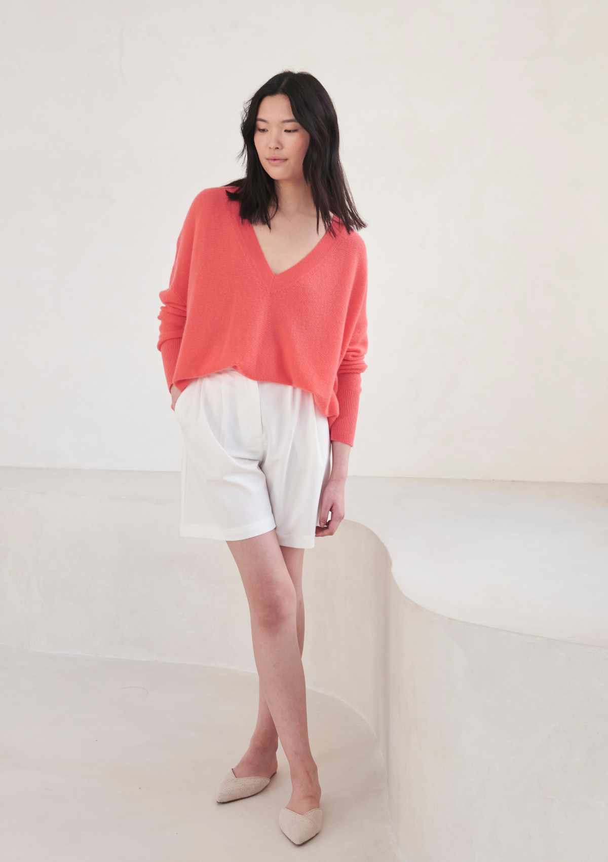 Relaxed Lofty V Neck Sweater in Coral