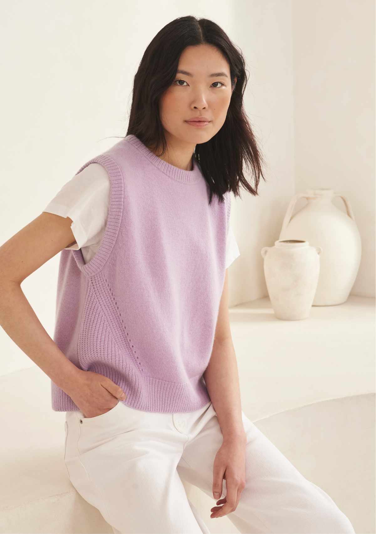 Ribbed Detail Lofty Cashmere Tank in Lilac