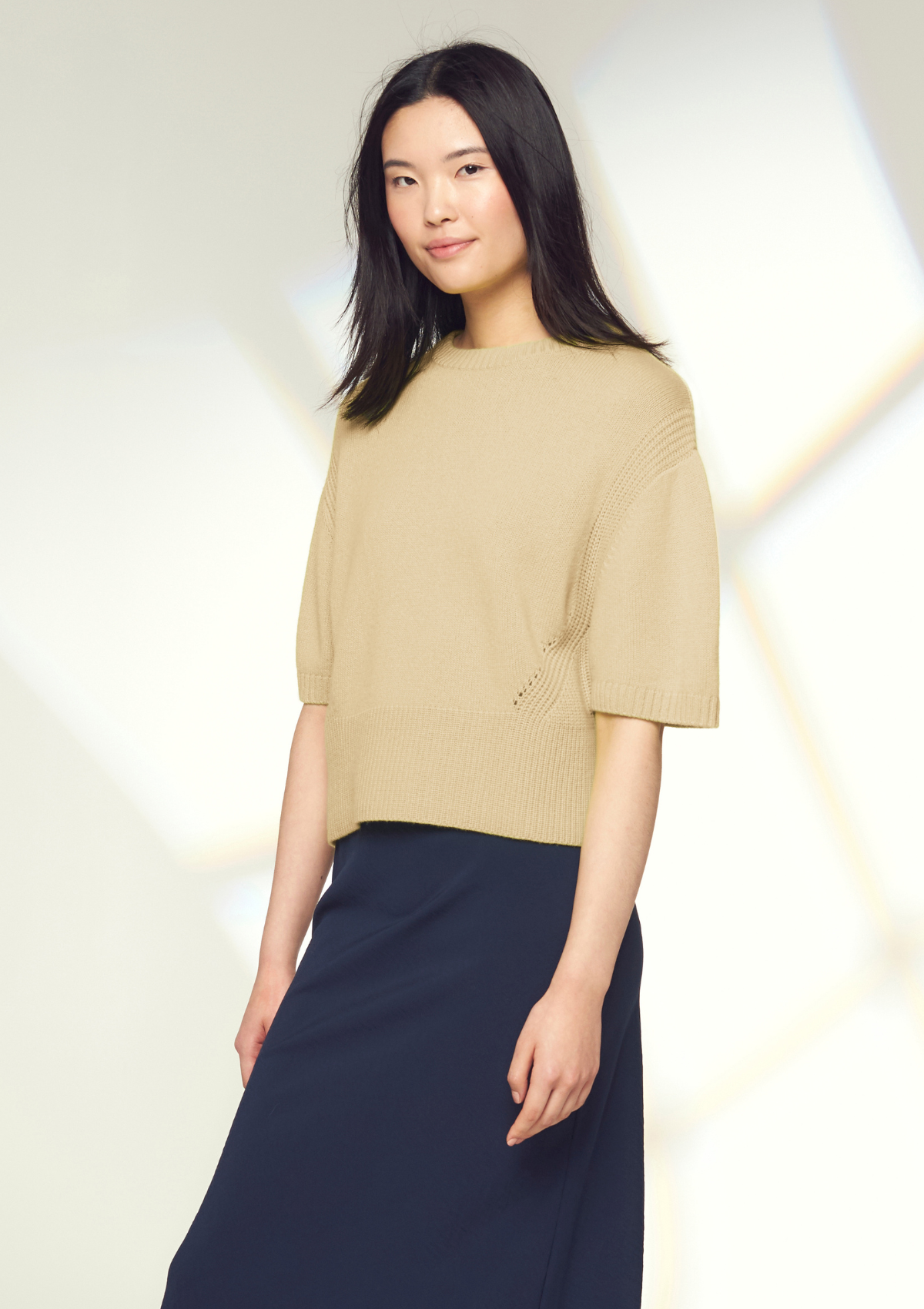 Ribbed Detail Lofty Cashmere T-Shirt in Latte
