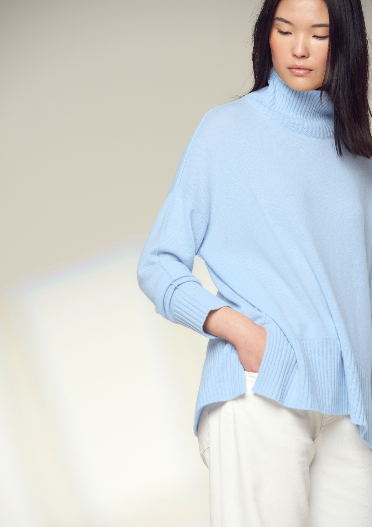 Oversized Cashmere Polo Neck Sweater in Whisper Blue