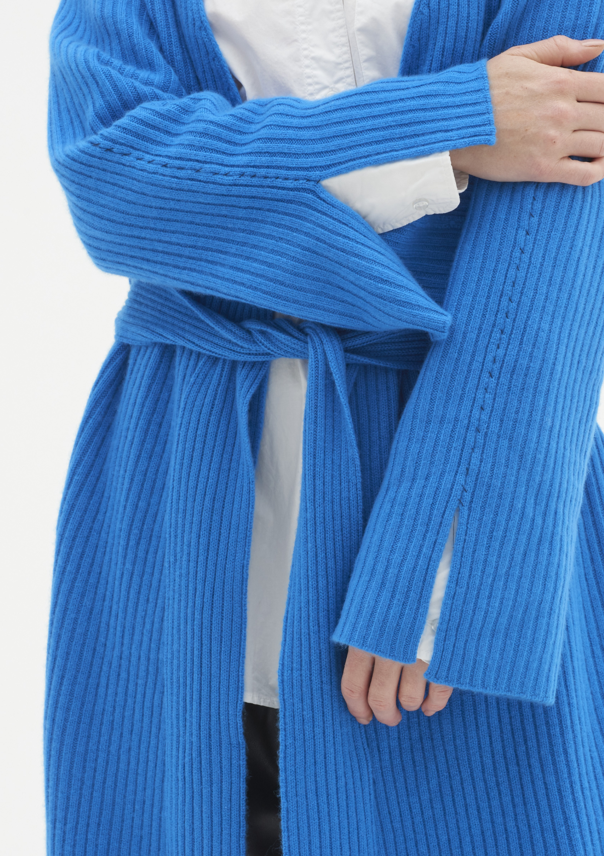 Longline Cashmere Belted Cardigan in Jetstream Blue