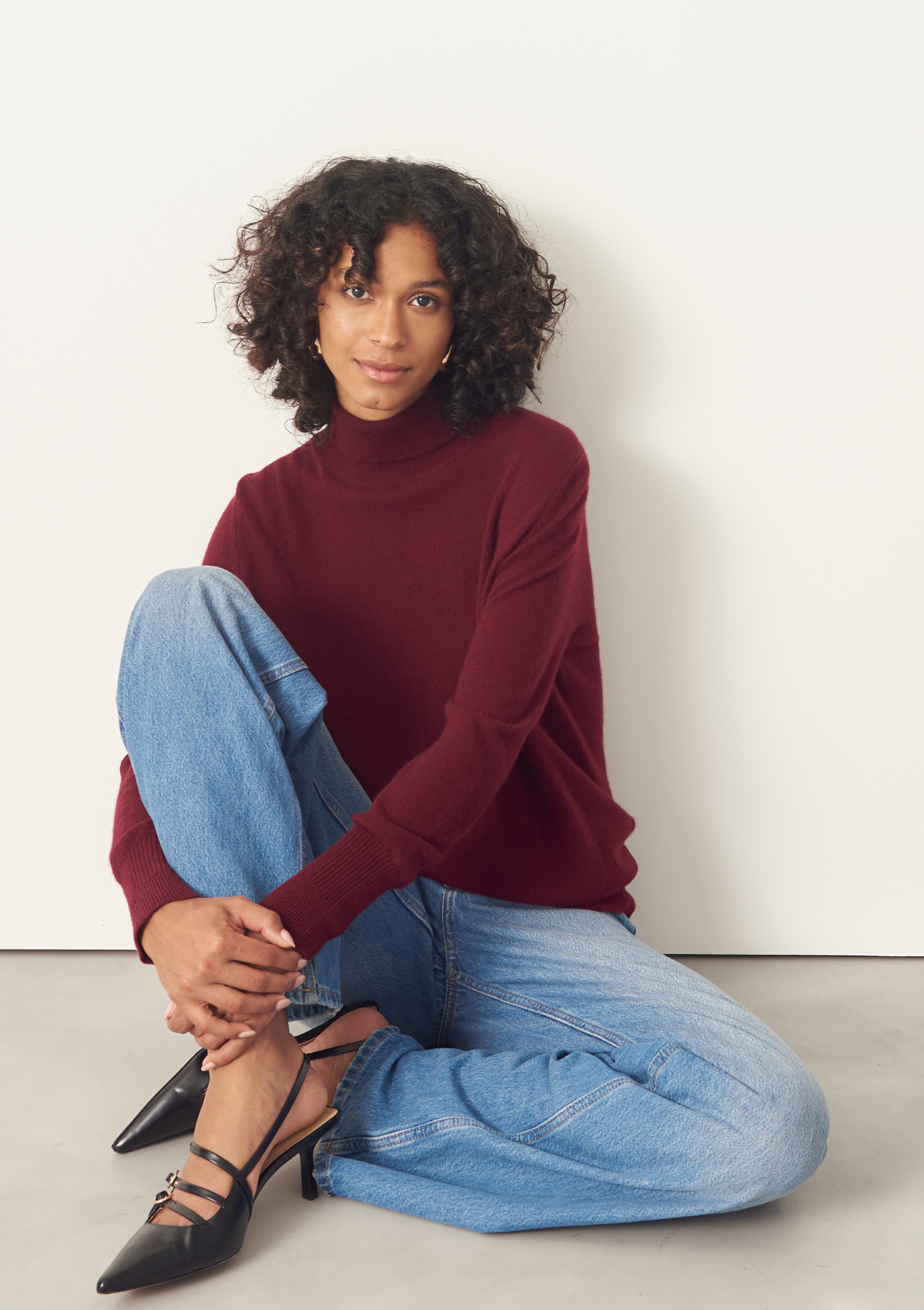 Cashmere Polo Neck Sweater in Plum Red