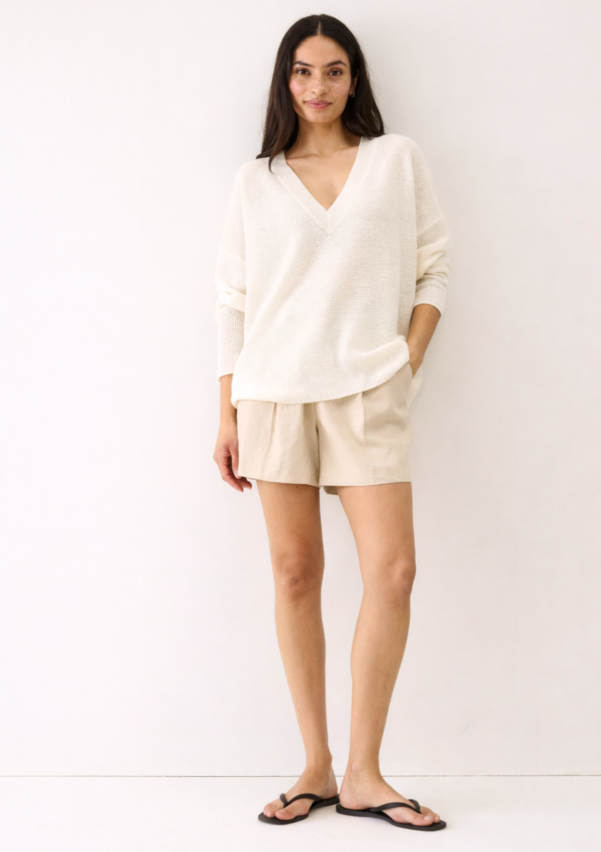 Relaxed Lofty V Neck Sweater in Snow White