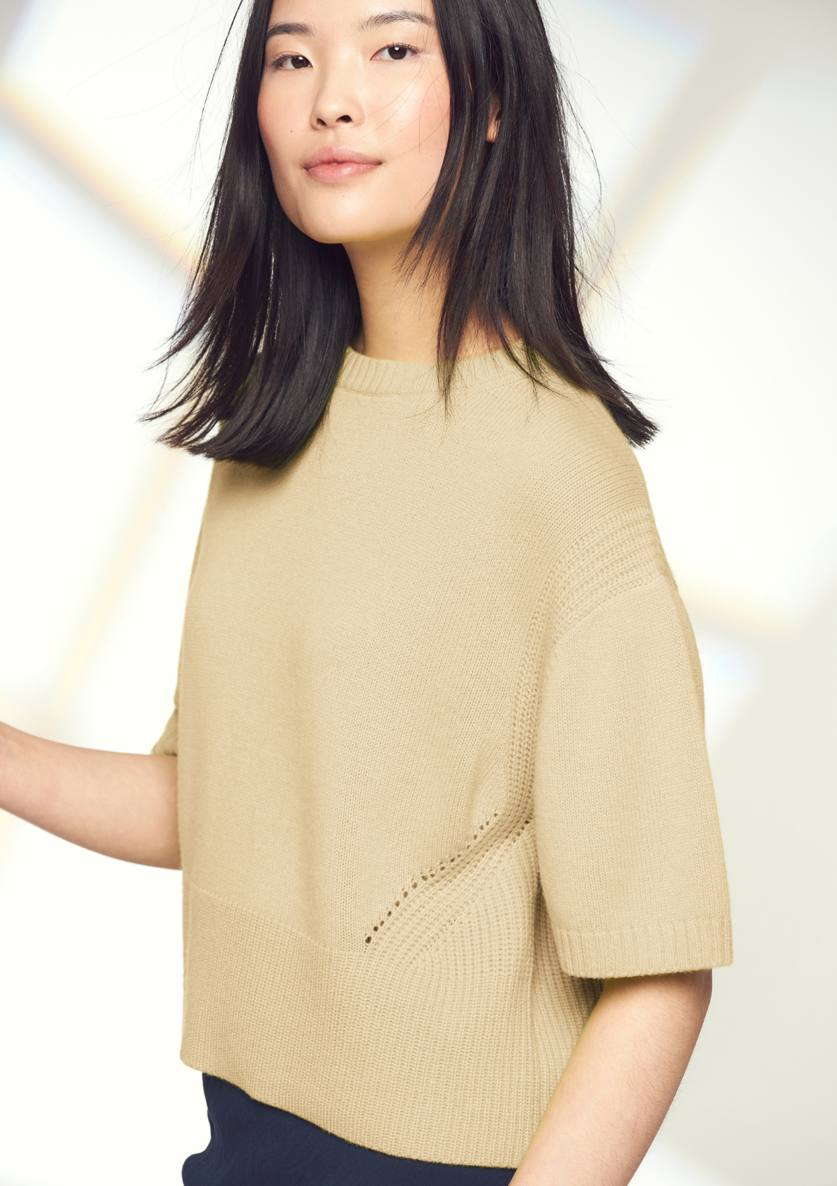 Ribbed Detail Lofty Cashmere T-Shirt in Latte