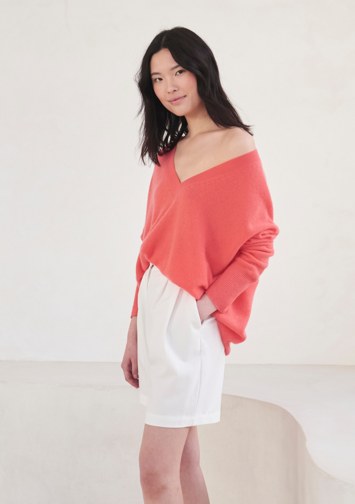 Relaxed Lofty V Neck Sweater in Coral