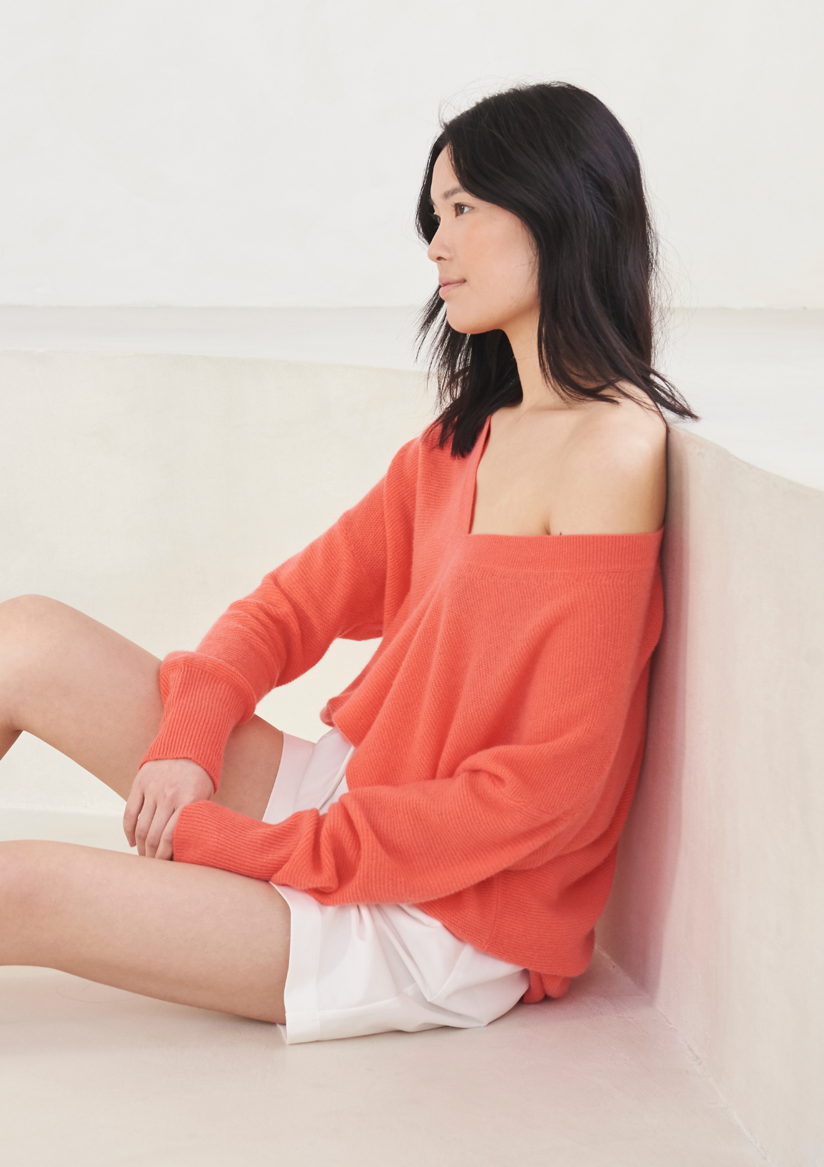 Relaxed Lofty V Neck Sweater in Hot Coral