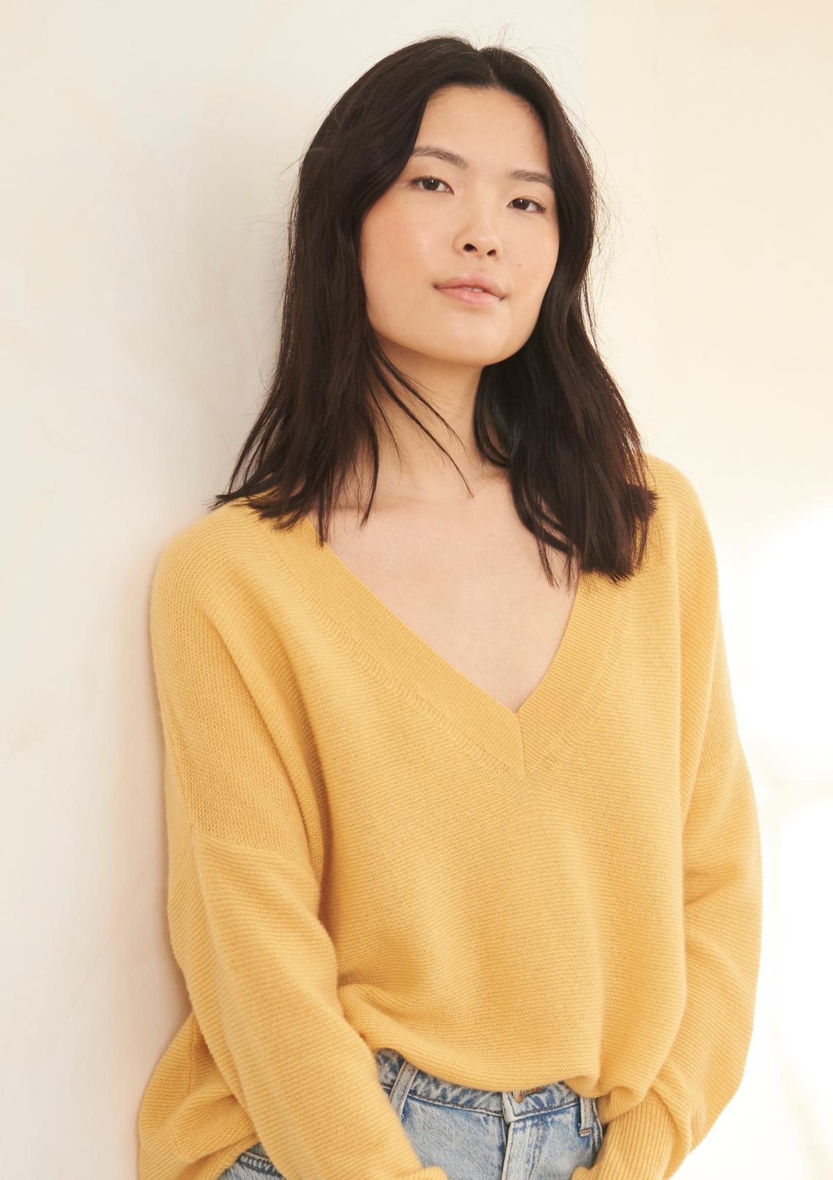 Relaxed Lofty V Neck Sweater in Acacia Yellow