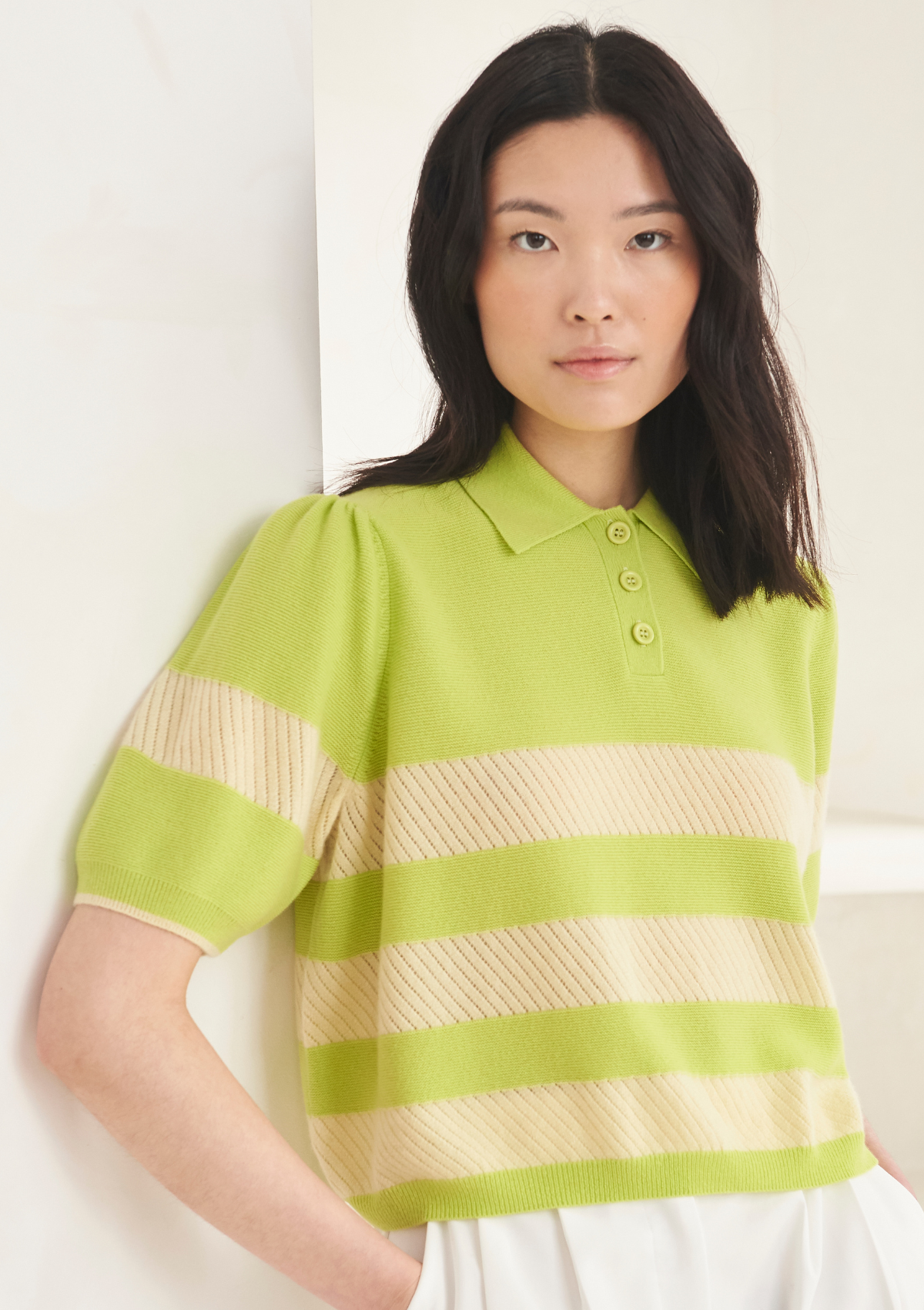 Cashmere Striped Polo Collared Top in Citrus Green
