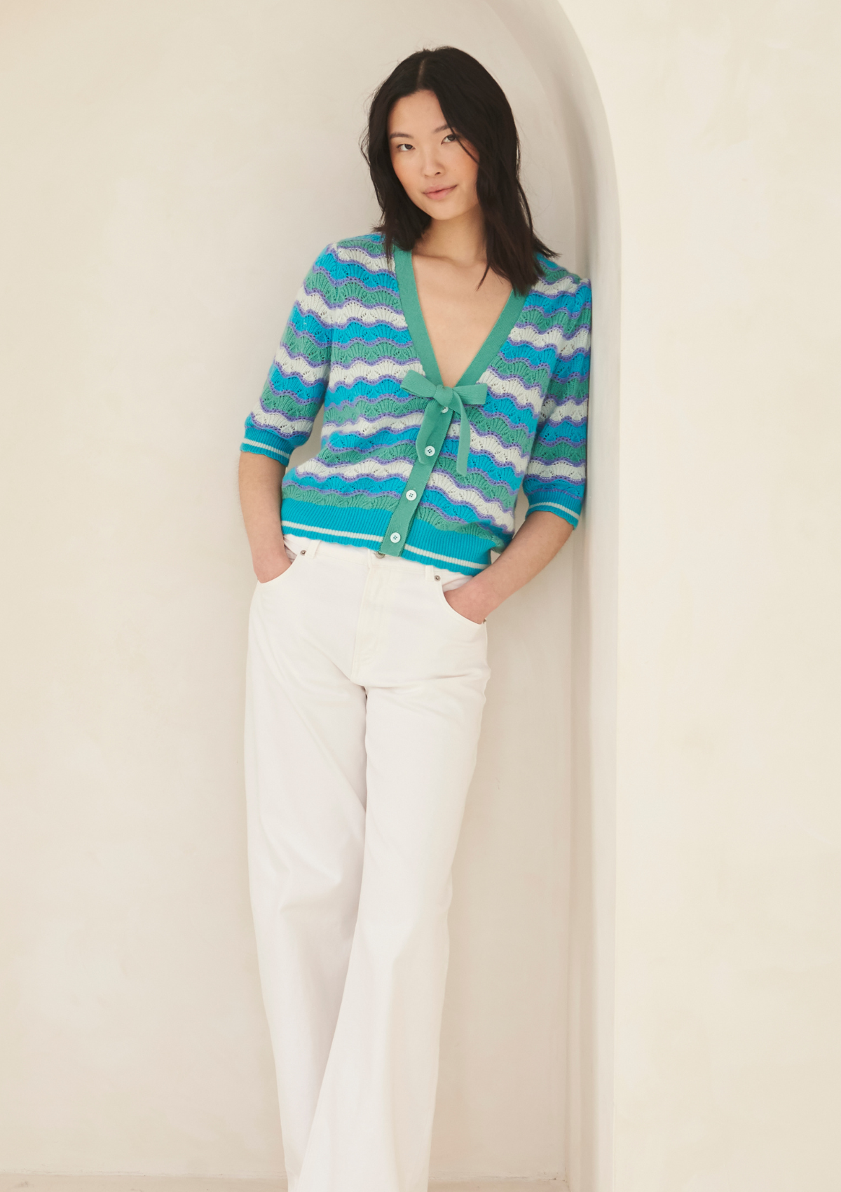 Cashmere Wave Stitch Cardigan in Ocean Blue Stripe