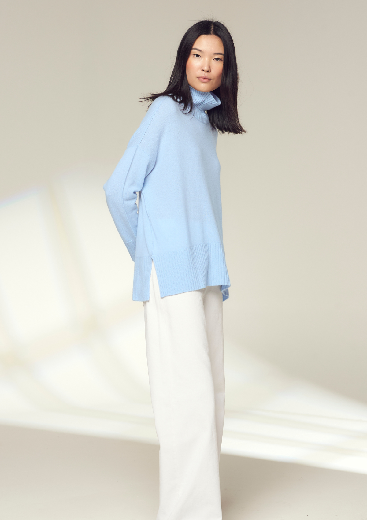 Oversized Cashmere Polo Neck Sweater in Whisper Blue