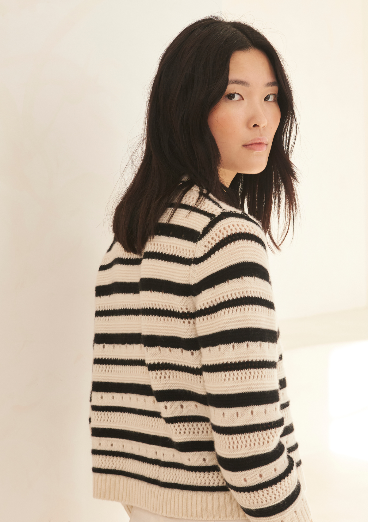 Cashmere Striped Pointelle Jacket in Chalk/Black