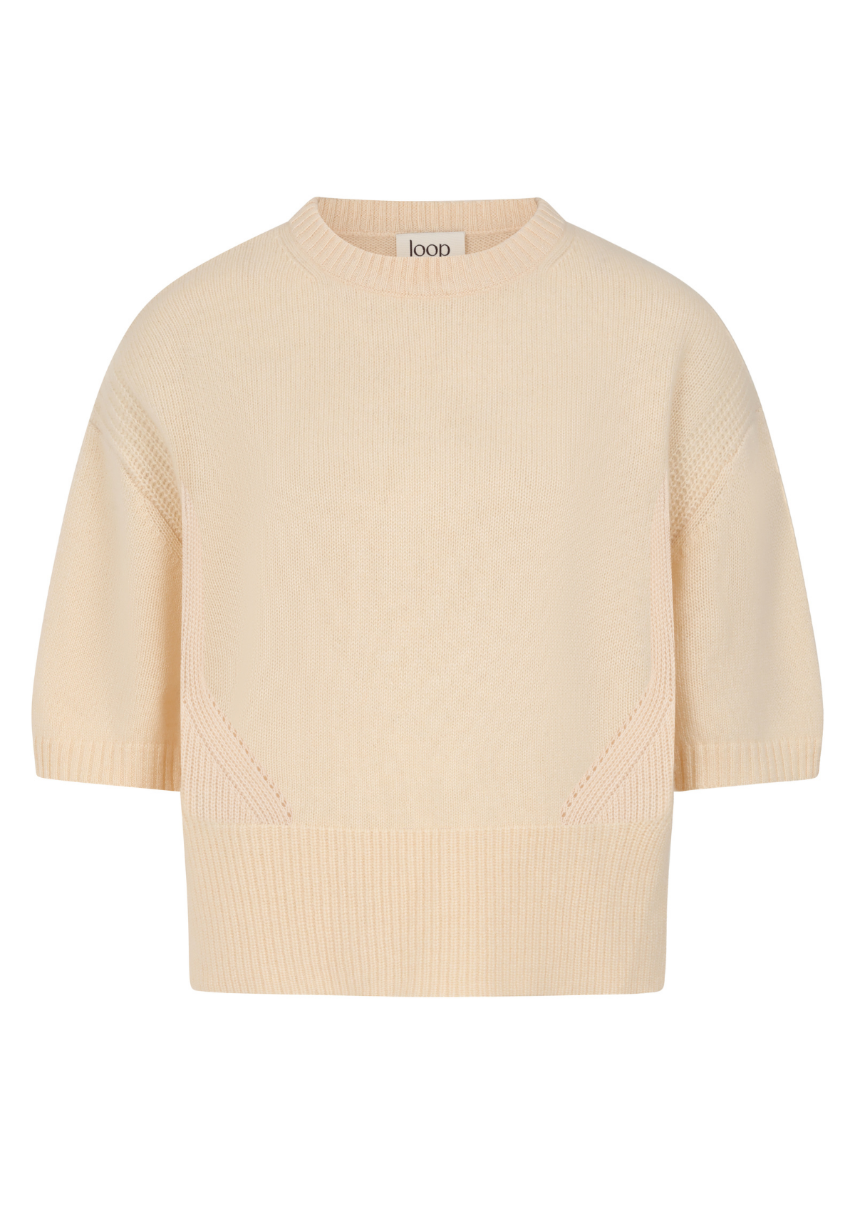 Ribbed Detail Lofty Cashmere Short-Sleeved Sweater in Latte