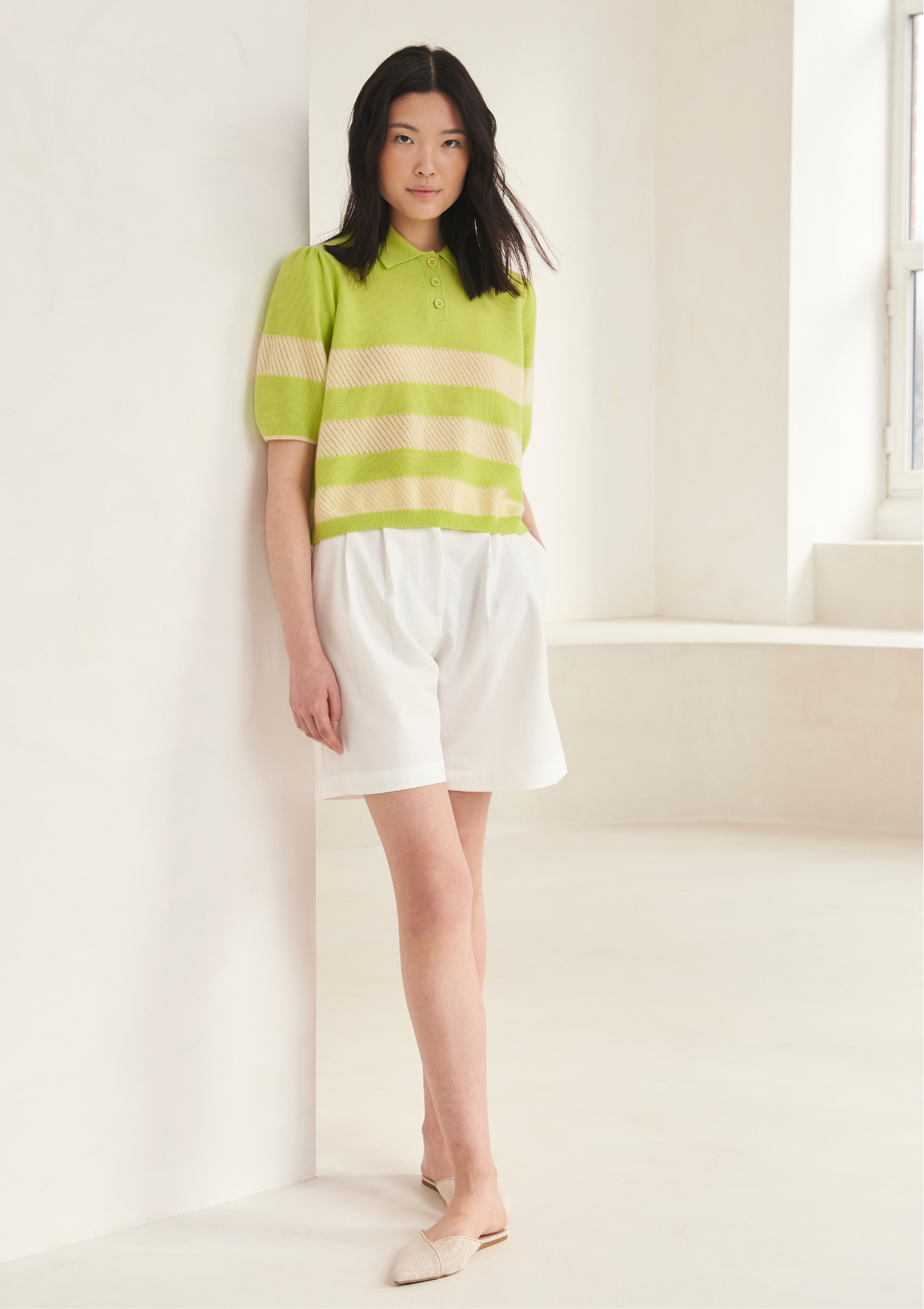 Cashmere Striped Polo Collared Top in Citrus Green