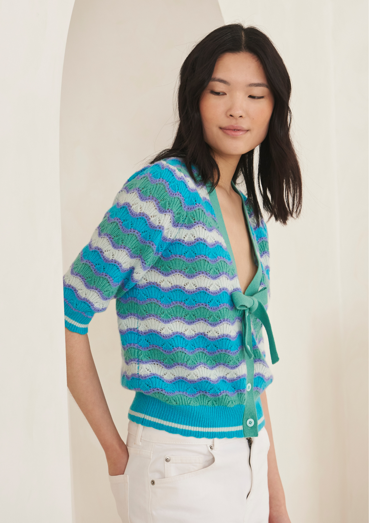 Cashmere Wave Stitch Cardigan in Ocean Blue Stripe