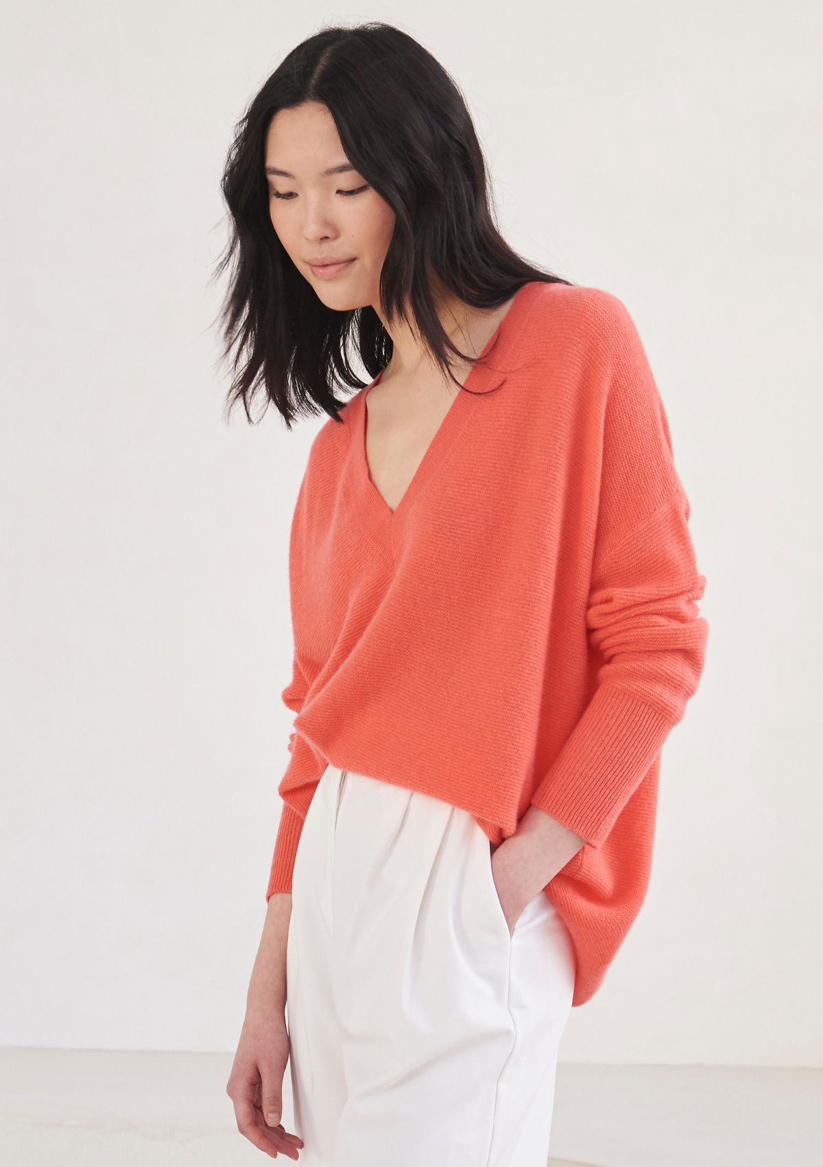 Relaxed Lofty V Neck Sweater in Hot Coral