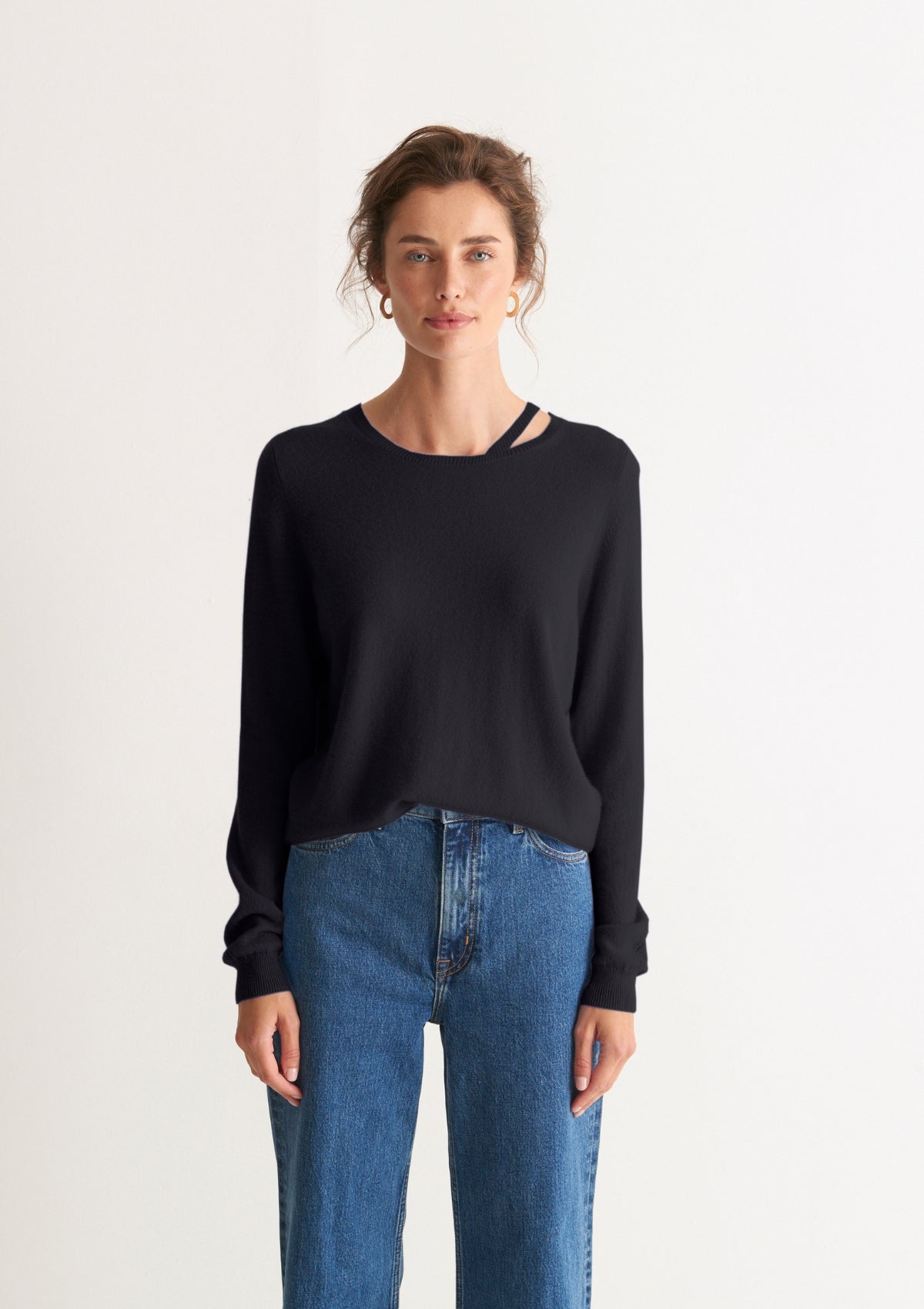 Fine Cashmere Split Neck Sweater in Black
