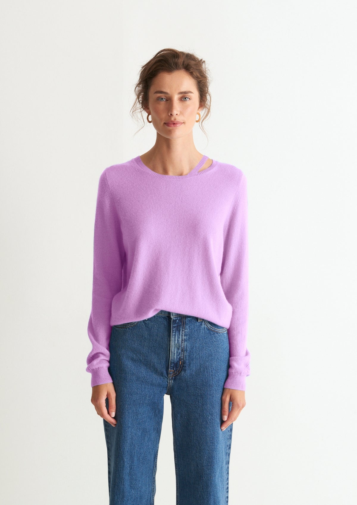 Fine Cashmere Split Neck Sweater in Lilac