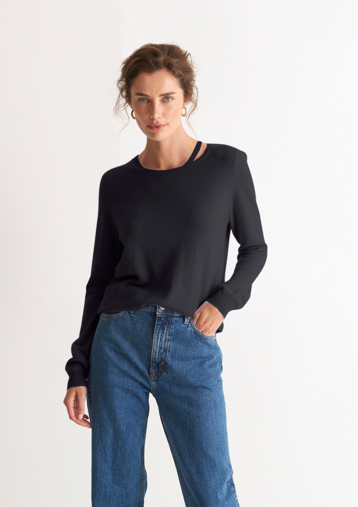 Fine Cashmere Split Neck Sweater in Black