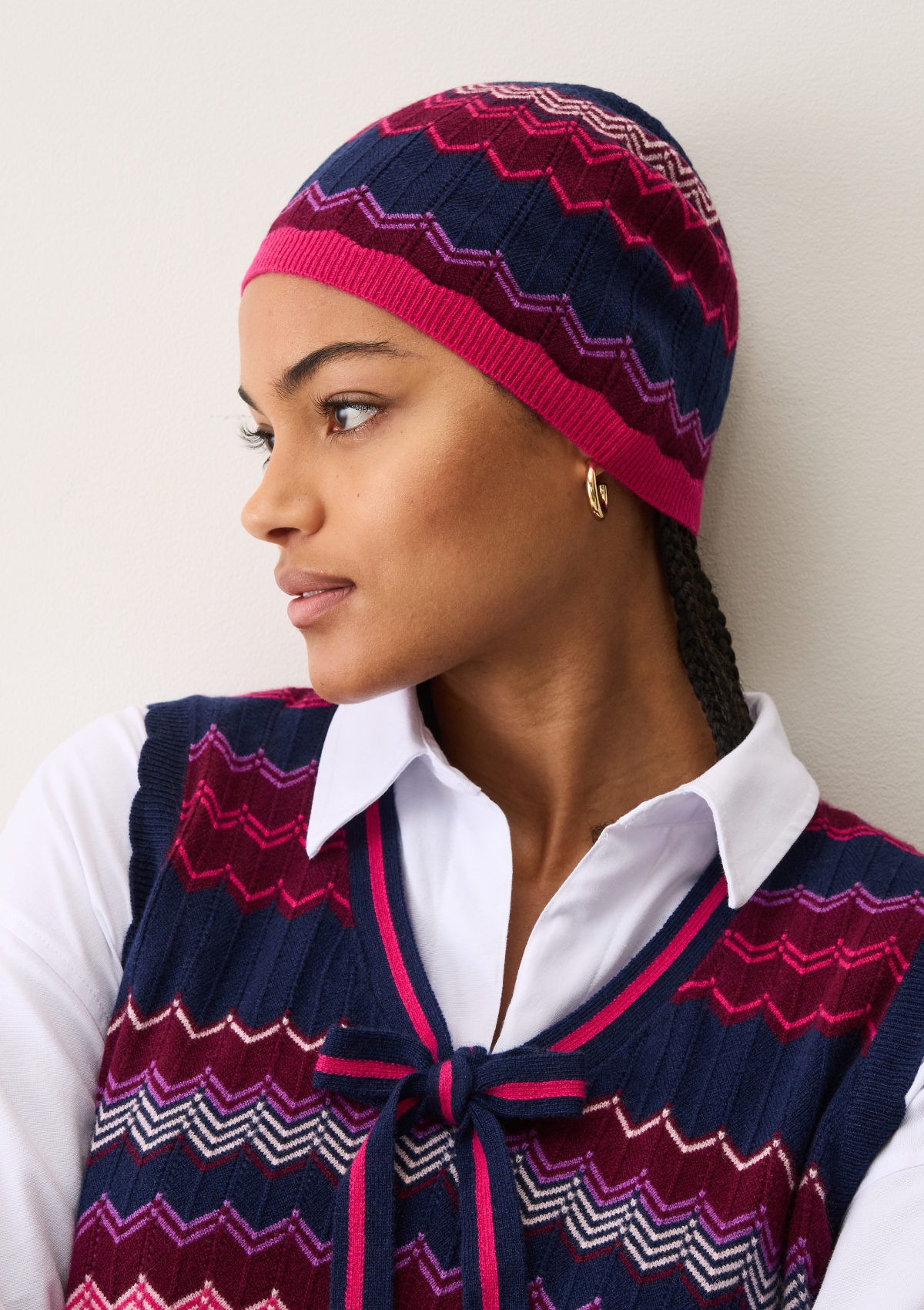 Chevron Stitch Hat in Pink & Navy Mix