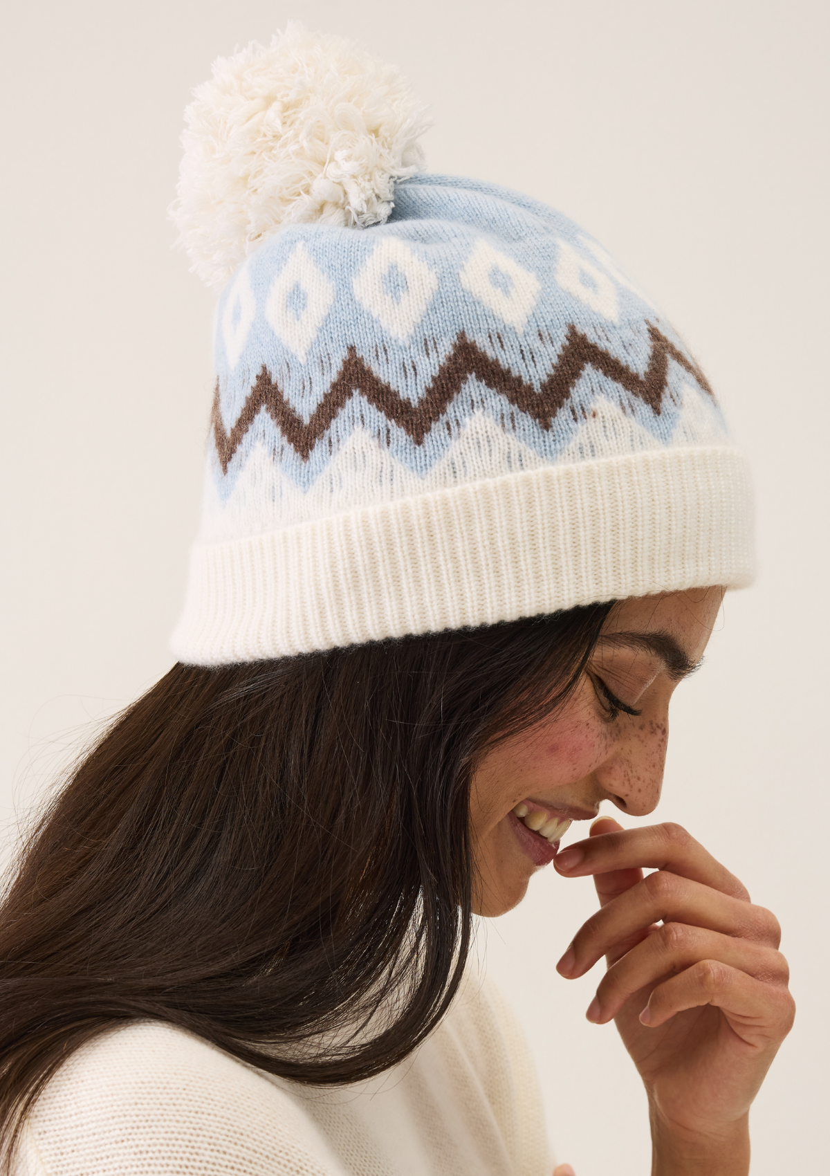Bobble Beanie in Snow & Blue Nordic Mix