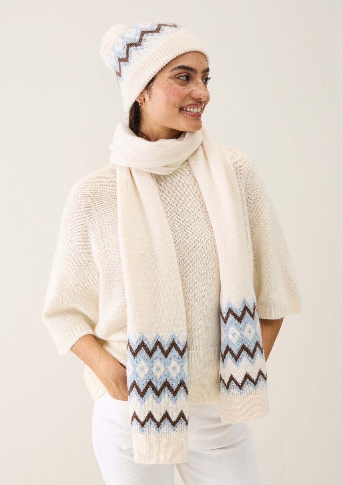 Bobble Beanie in Snow & Blue Nordic Mix