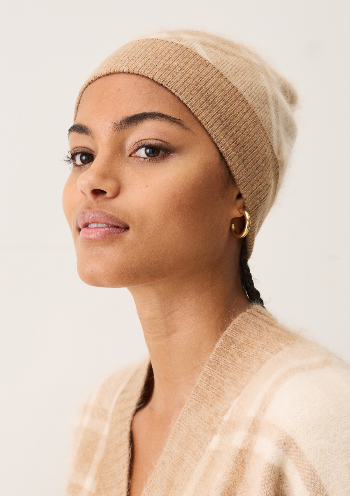 Brushed Check Beanie in Porcelaine White & Woodcarving Brown