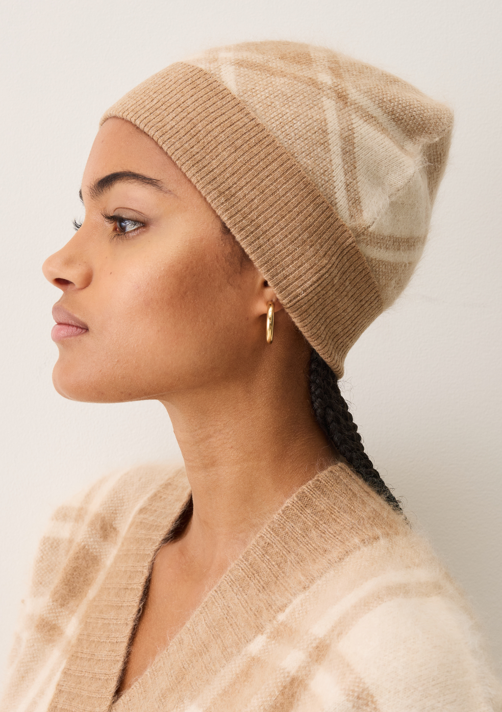 Brushed Check Beanie Porcelaine & Woodcarving Brown