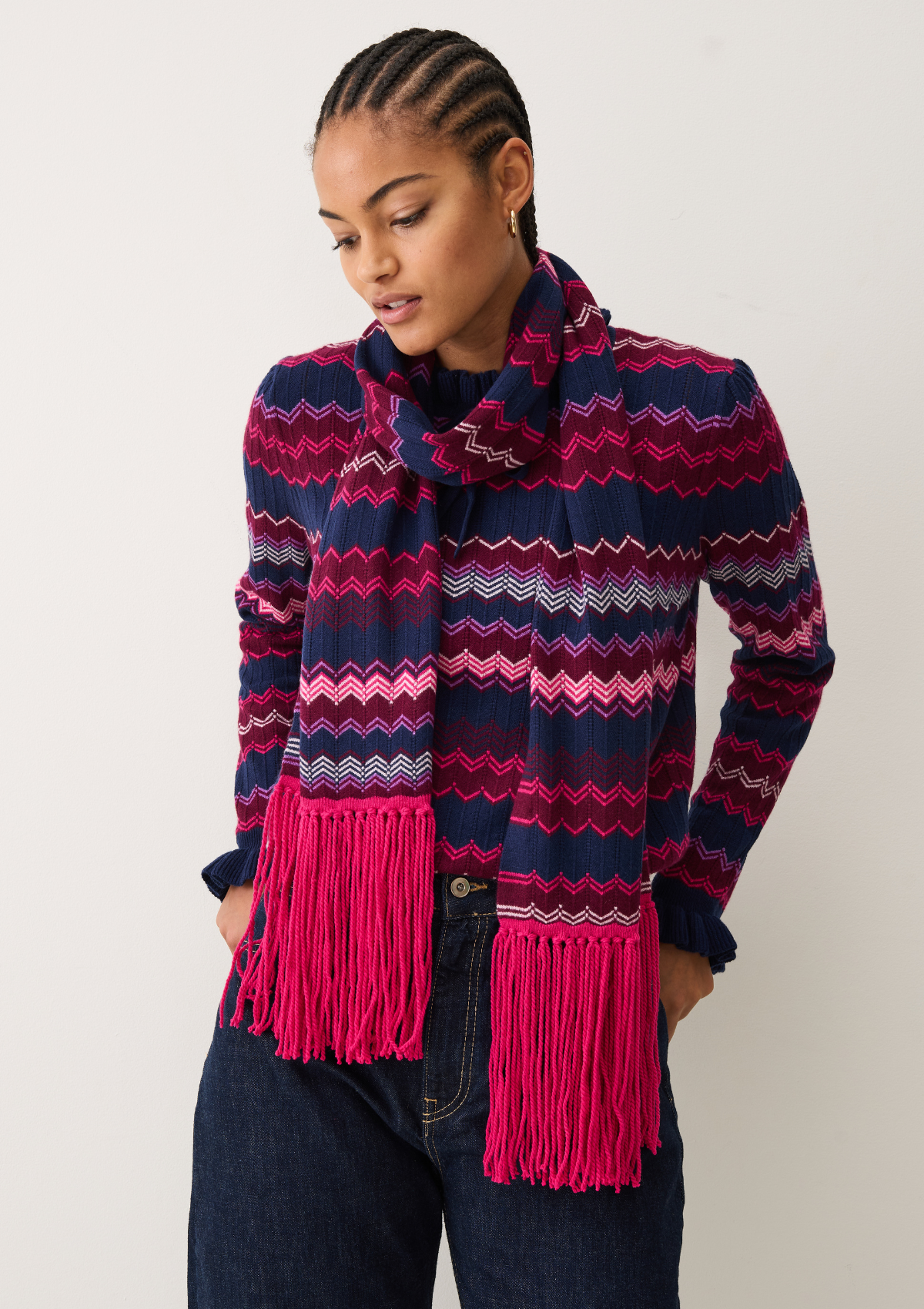 Chevron Stitch Scarf in Pink & Navy Mix