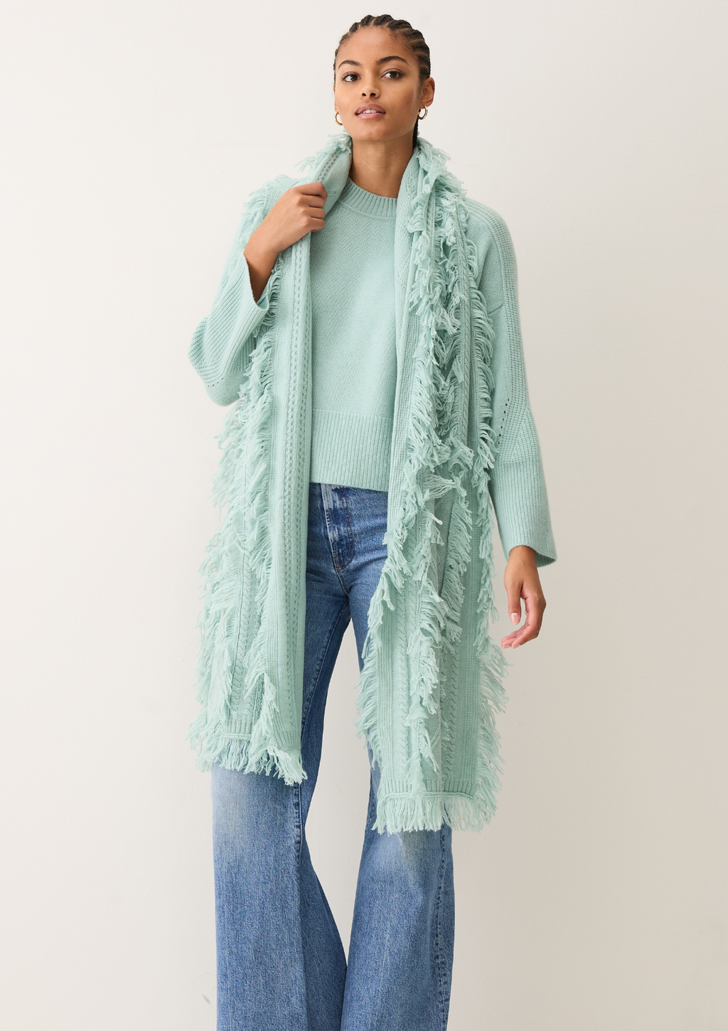 Fringed Cabled Scarf Seafoam