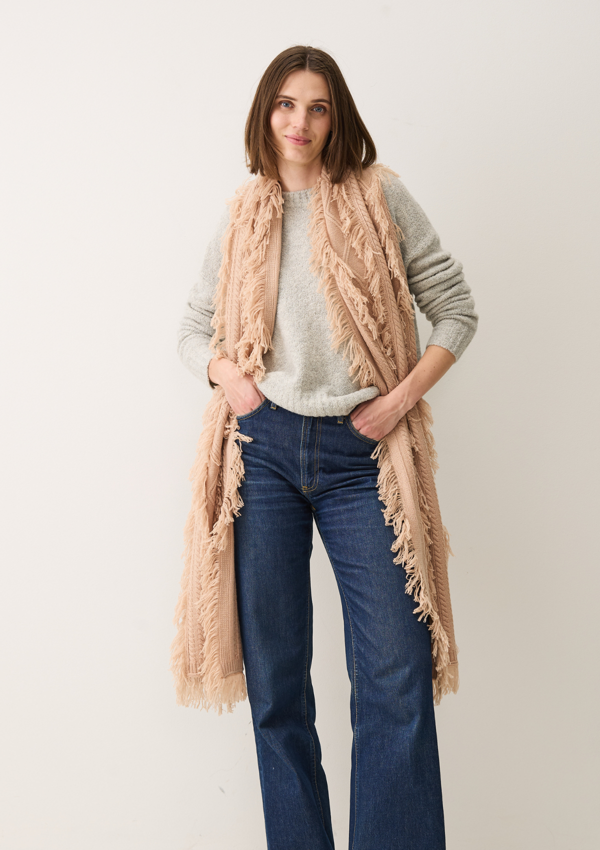 Fringed Cabled Scarf in Toffee