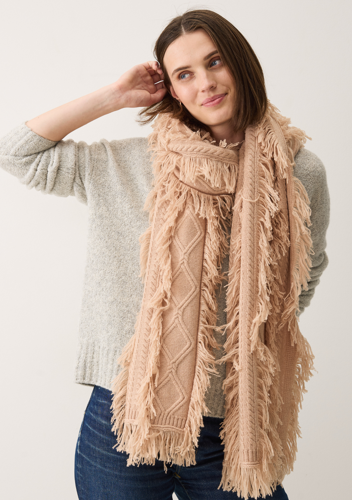 Fringed Cabled Scarf in Toffee