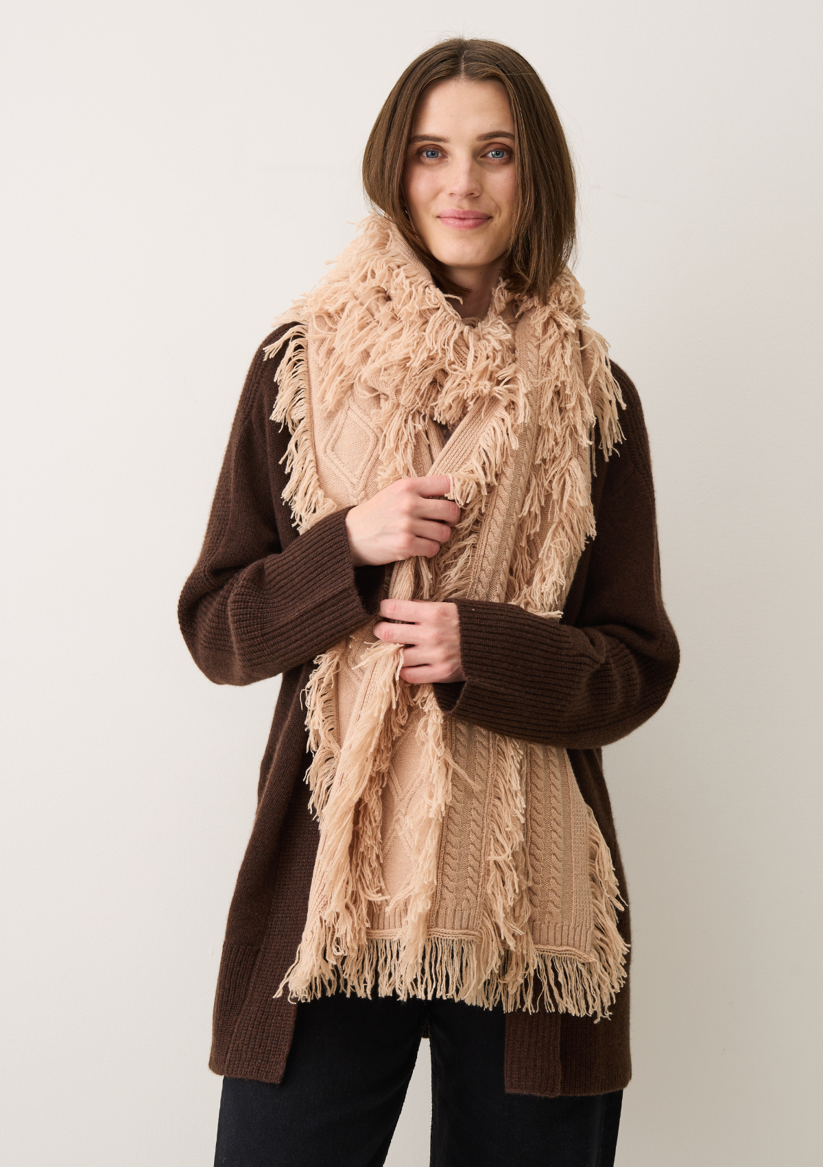 Fringed Cabled Scarf in Toffee