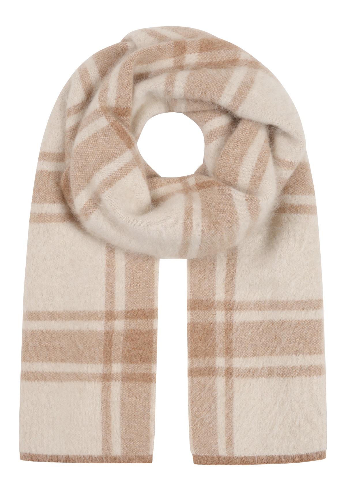 Brushed Checked Scarf in Porcelaine White & Woodcarving Brown