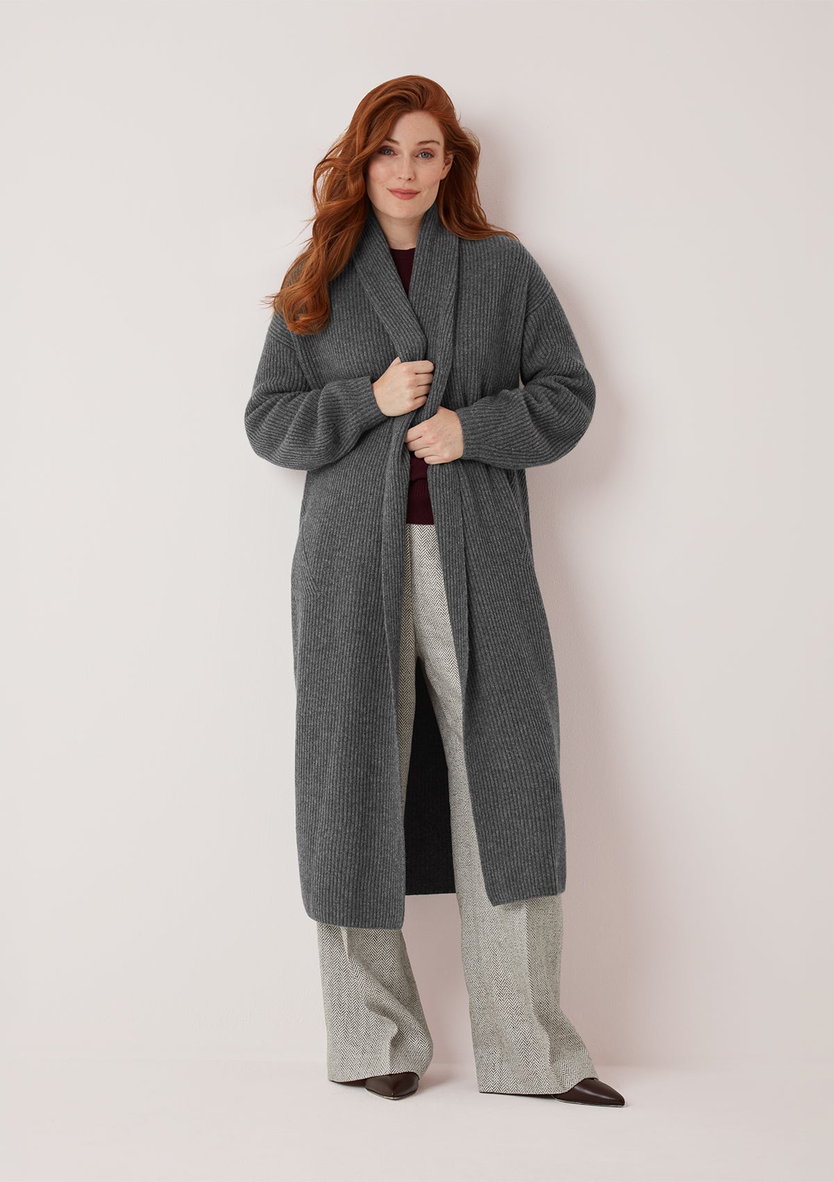 Ribbed Cashmere Coatigan in Pewter Grey