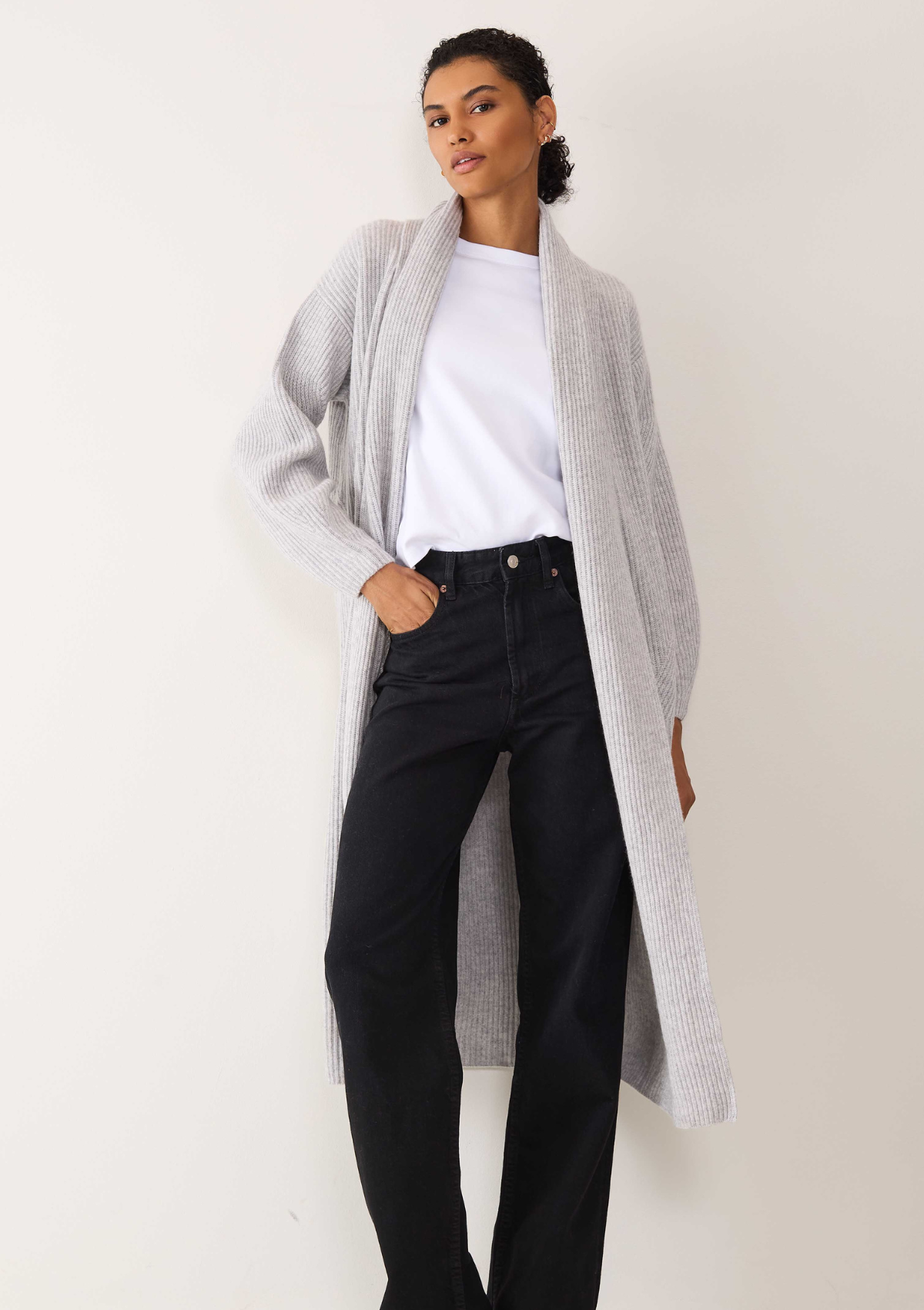 Ribbed Cashmere Coatigan in Foggy Grey