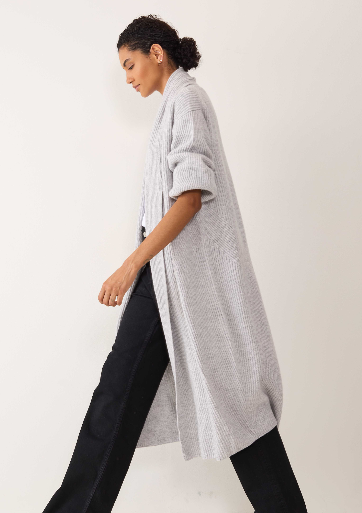 Ribbed Cashmere Coatigan in Foggy Grey