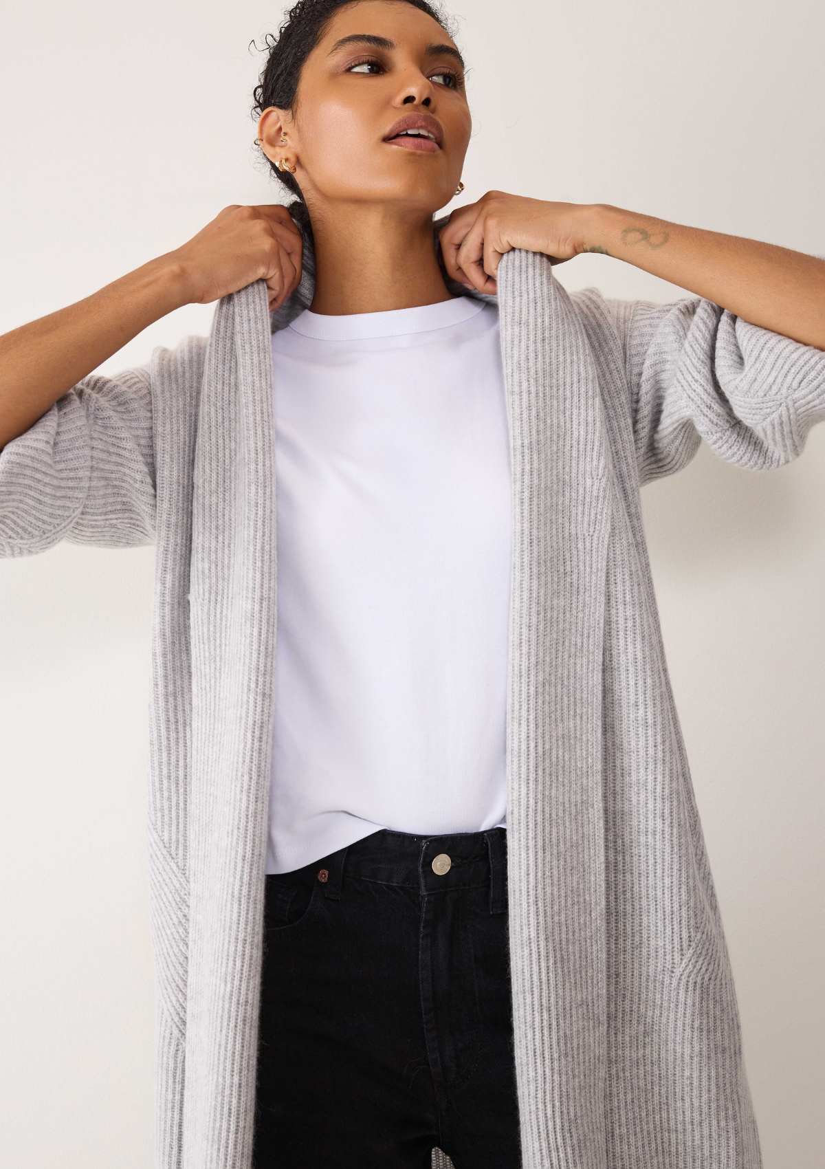 Ribbed Cashmere Coatigan in Foggy Grey