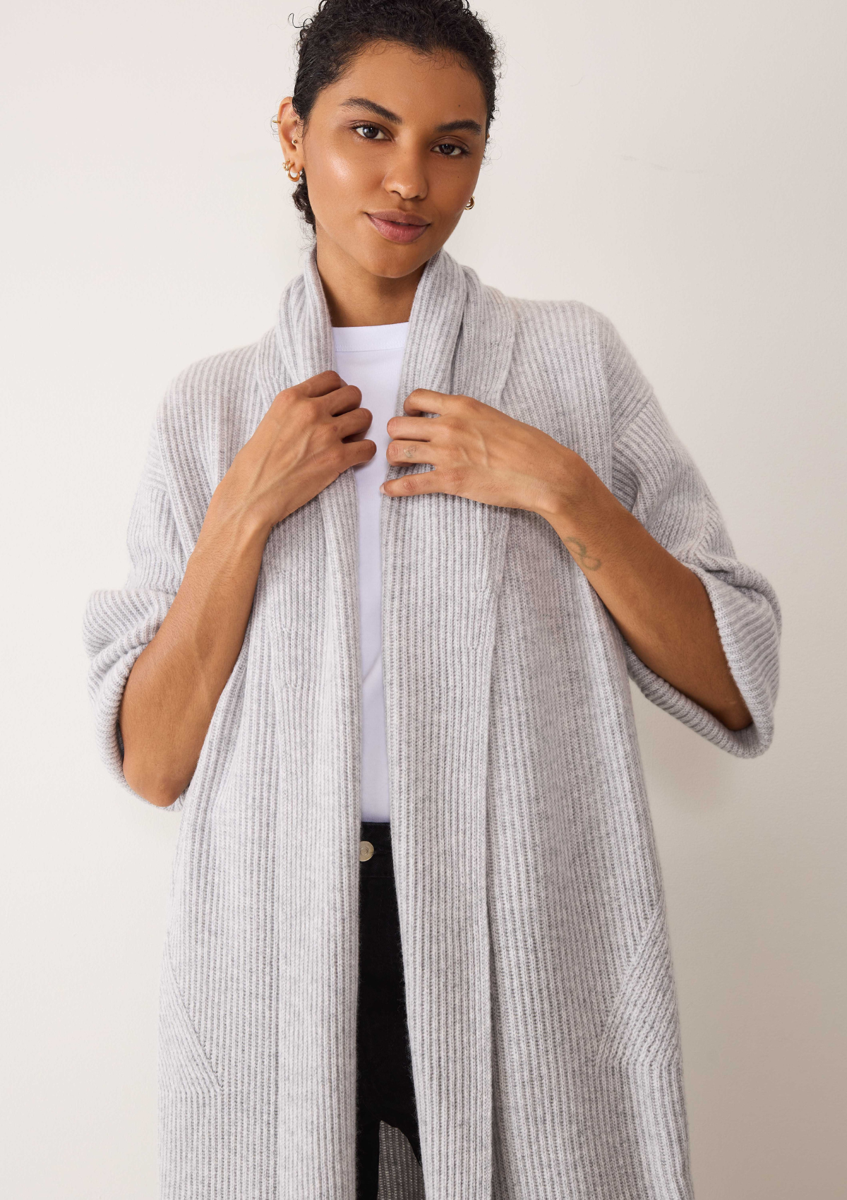 Ribbed Cashmere Coatigan in Foggy Grey
