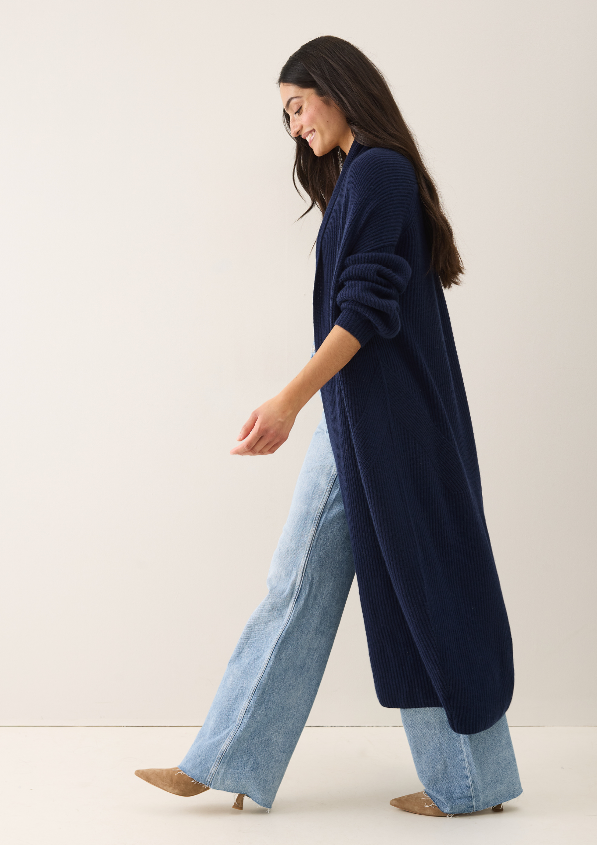 Ribbed Cashmere Coatigan in Midnight Blue