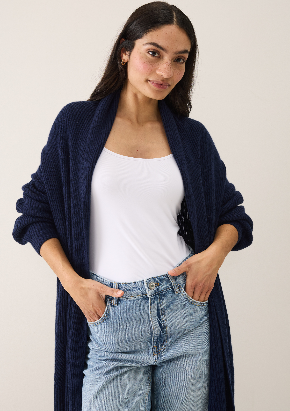 Ribbed Cashmere Coatigan in Midnight Blue