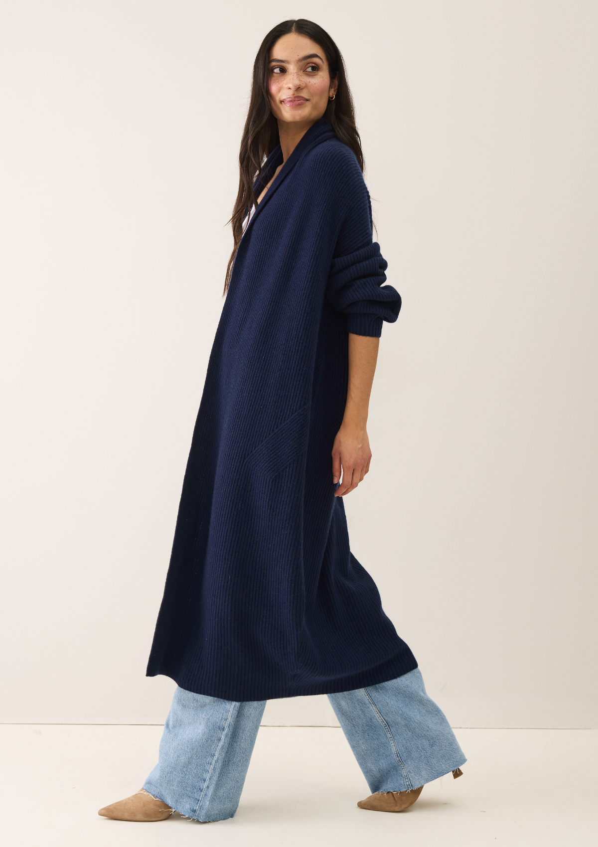 Ribbed Cashmere Coatigan in Midnight Blue