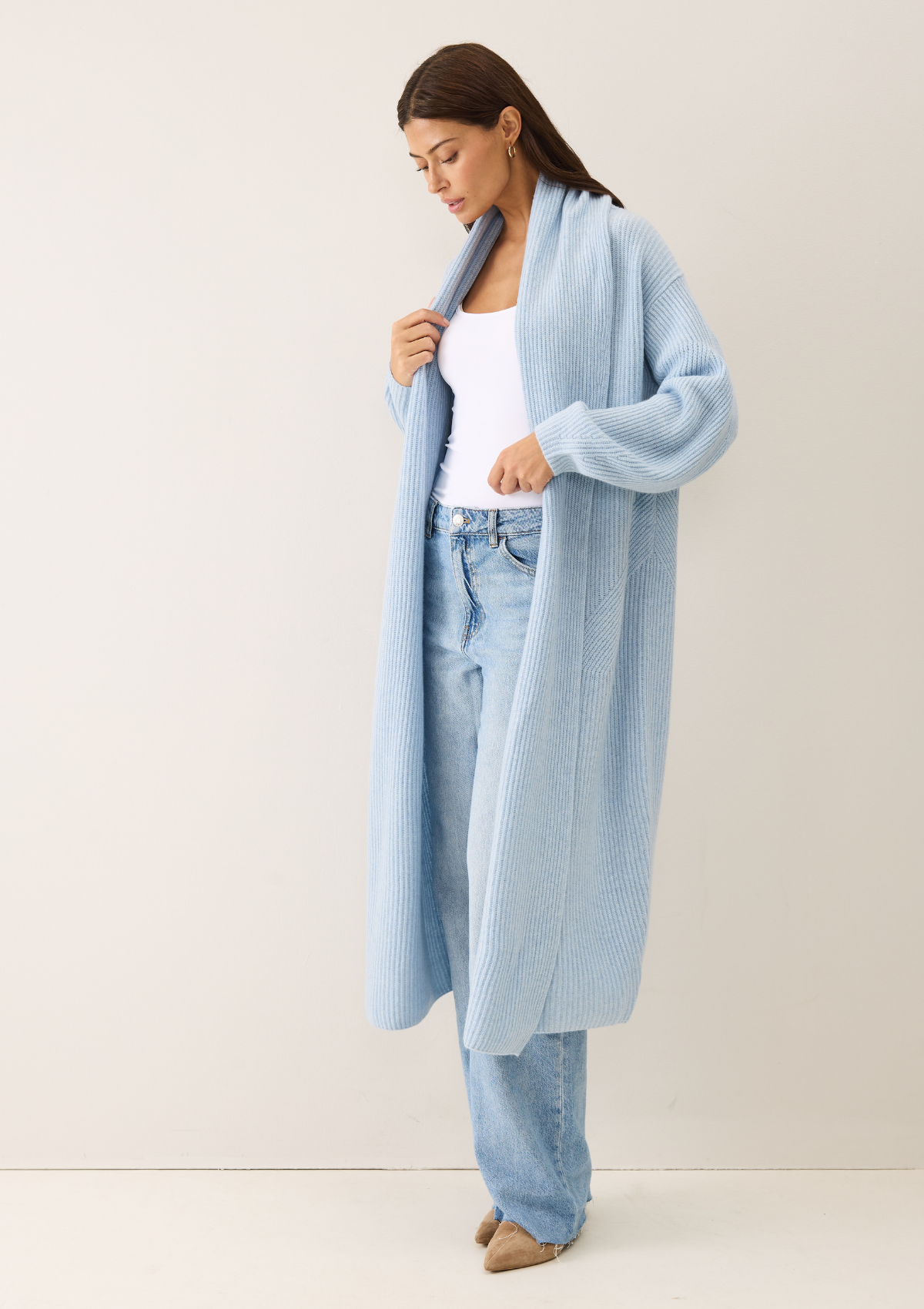 Ribbed Cashmere Coatigan in Skyway Blue