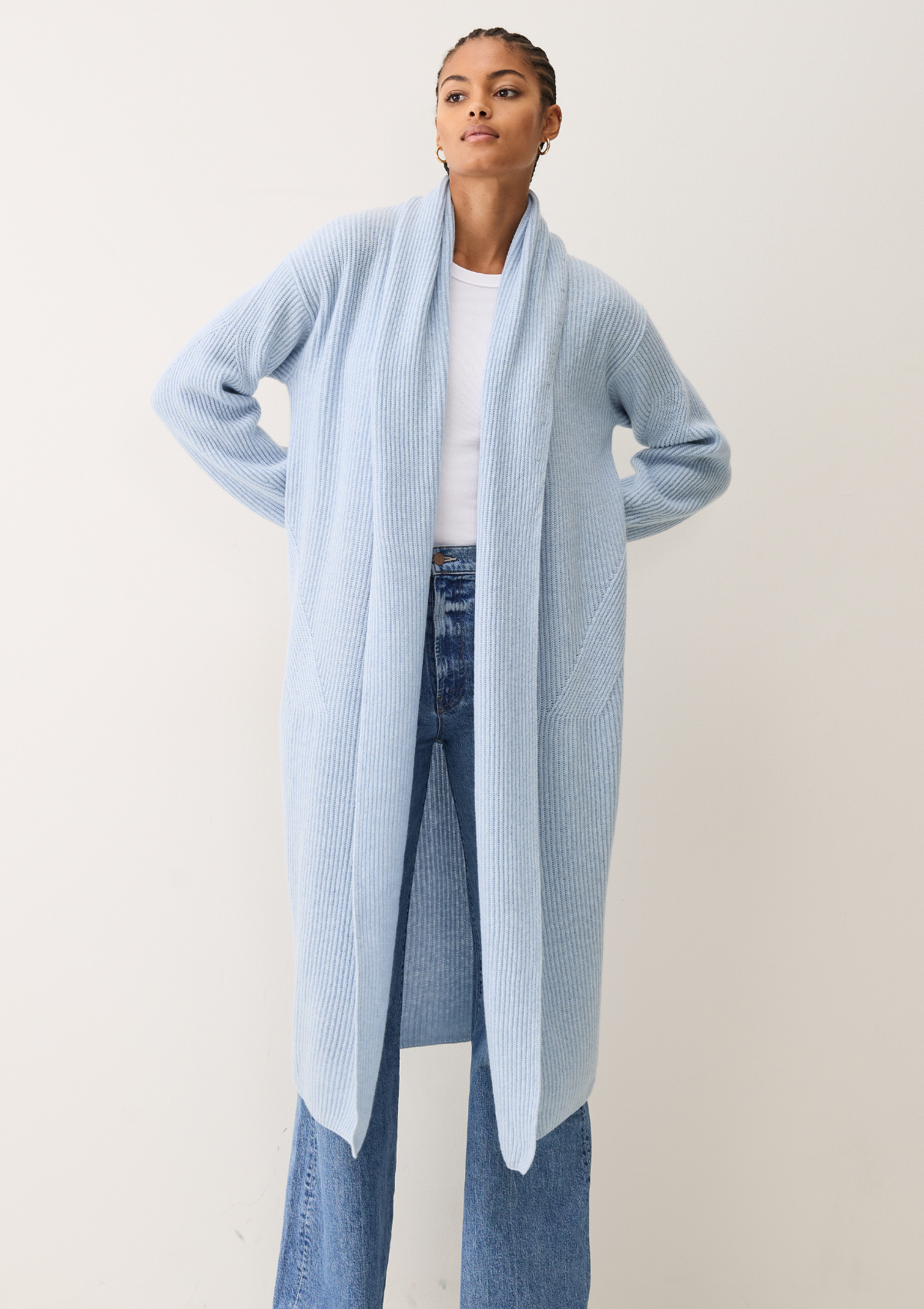 Ribbed Cashmere Coatigan in Skyway Blue
